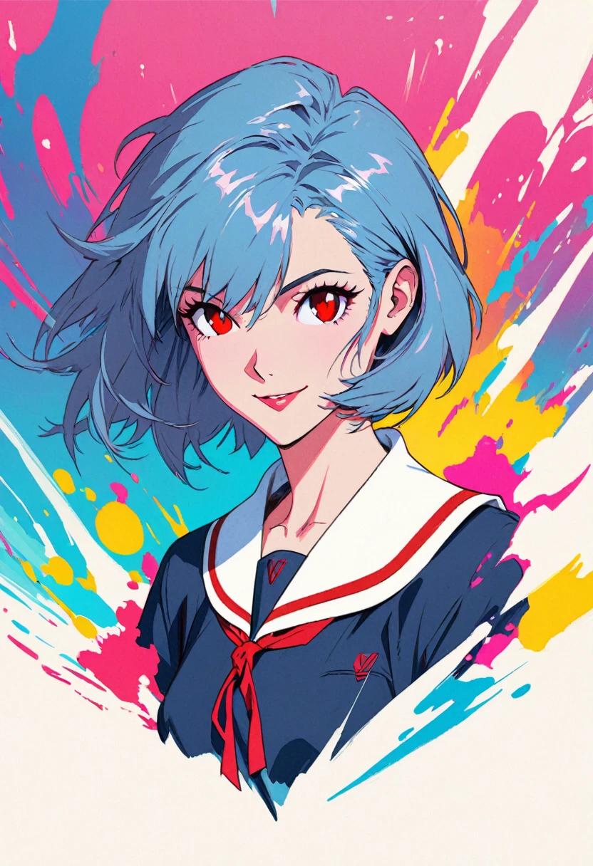 masterpiece portrait of smiling Rei Ayanami (evangelion), evangelion (Hideaki), caustics, high resolution illustration, red eyes, feminine, no pupils, blue hair,  short hair, japanese school uniform, loafers, swpunk, synthwave, paint splatters, shaded flat illustration, digital art, trending on artstation, highly detailed, fine detail, intricate, splatter, outrun, vaporware, neon colors
