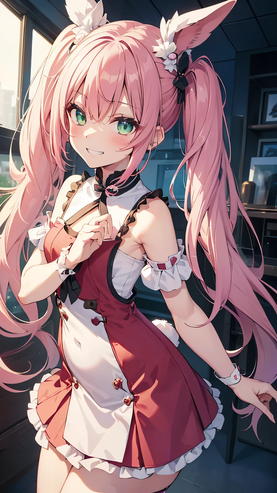 1girl,grin,top-quality,Top image quality,in 8K,4K,masterpiece,ultra-detailliert,Beautiful、ultra-quality, best quality,high resolution, ultra-detailed,game cg,dutch angle ,beautiful detailed eyes, visualart,five fingers, perfect hands,beautiful girl,BREAK,(chibi:1.2),slender,(flat chest),long hair,pink hair,(half twintails),emerald green eyes,(Rabbit ear hair bands),(high slit qipao),blush,