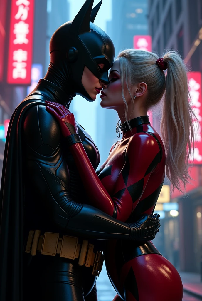 You can create an image of a loving kiss between sexy Batgirl and sexy Harley Quinn