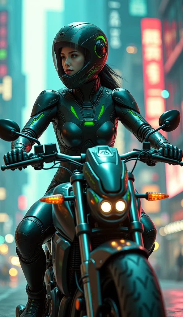 Highest image quality, outstanding details, ultra-high resolution, (realism: 1.4), the best illustration, favor details, highly condensed 1girl, with a delicate and beautiful face, dressed in a black and green mecha, wearing a mecha helmet, holding a directional controller, riding on a motorcycle, the background is a high-tech lighting scene of the future city.