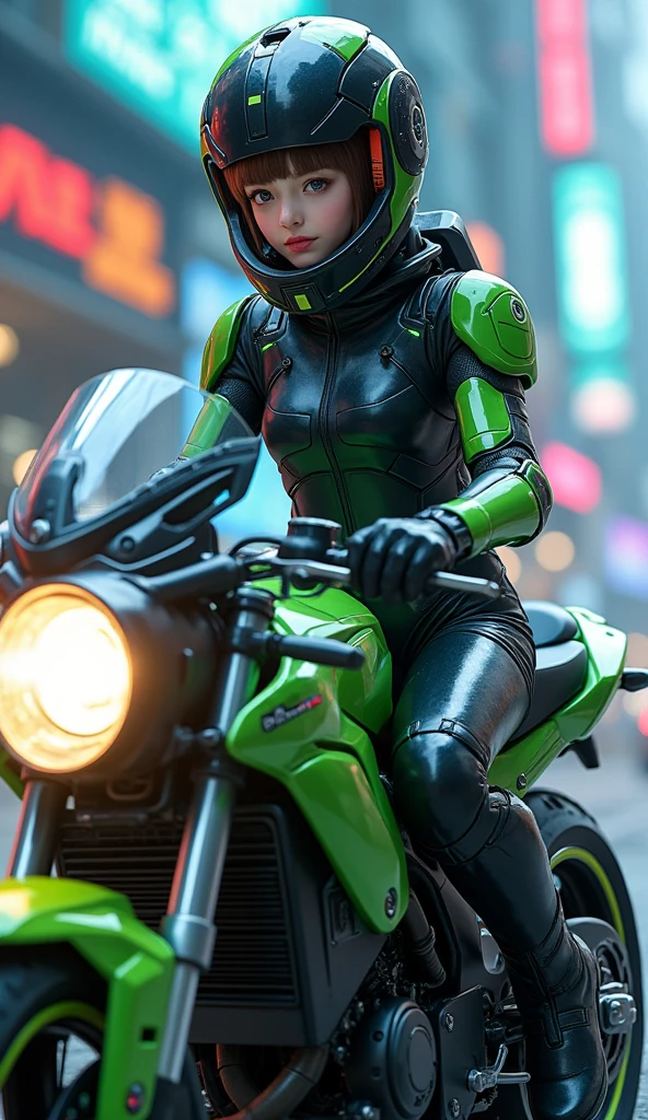 Highest image quality, outstanding details, ultra-high resolution, (realism: 1.4), the best illustration, favor details, highly condensed 1girl, with a delicate and beautiful face, dressed in a black and green mecha, wearing a mecha helmet, holding a directional controller, riding on a motorcycle, the background is a high-tech lighting scene of the future city.