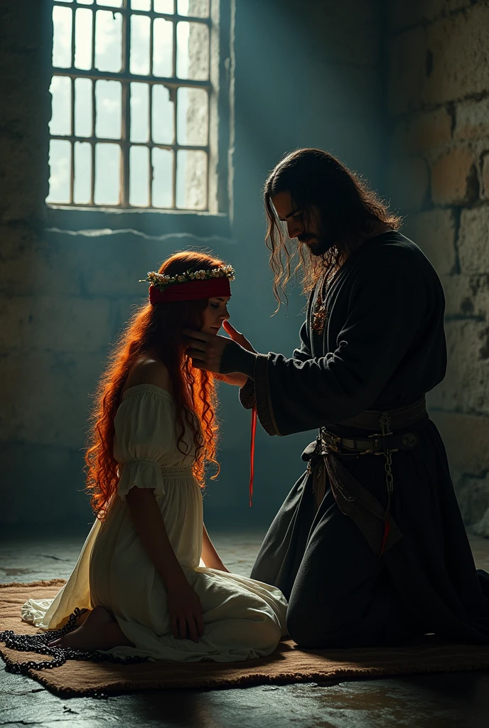 Cadre : un cachot sombre avec des barreaux a une fenetre.
Fille: Elle a les cheveux long rouges et ondulés avec une couronne de fleurs elle est a genoux sur un matelas au sol effrayé avec une chaine qui est autour de sa cheville accrocher au sol et les yeux bandees avec un bandeau en soie rouge pour pas qu elle s enfuie elle a une robe blanche
Homme : il a les cheveux noir et long il caresse les cheveux de la jeune femme d un air rassurant mais ferme.il avait du desir pour elle il est Italien . Il etait habillée comme un seigneur du Moyen Age et dans sa ceinture il a une épée