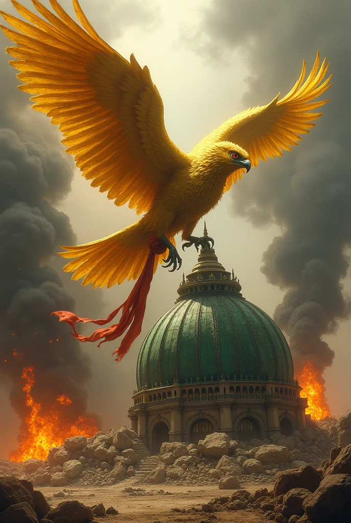 A dark gold colored Garuda bird carrying a red and white cloth is destroying a large green dome-shaped building which is often considered to resemble a partially destroyed green shell and is surrounded by black smoke and fire.