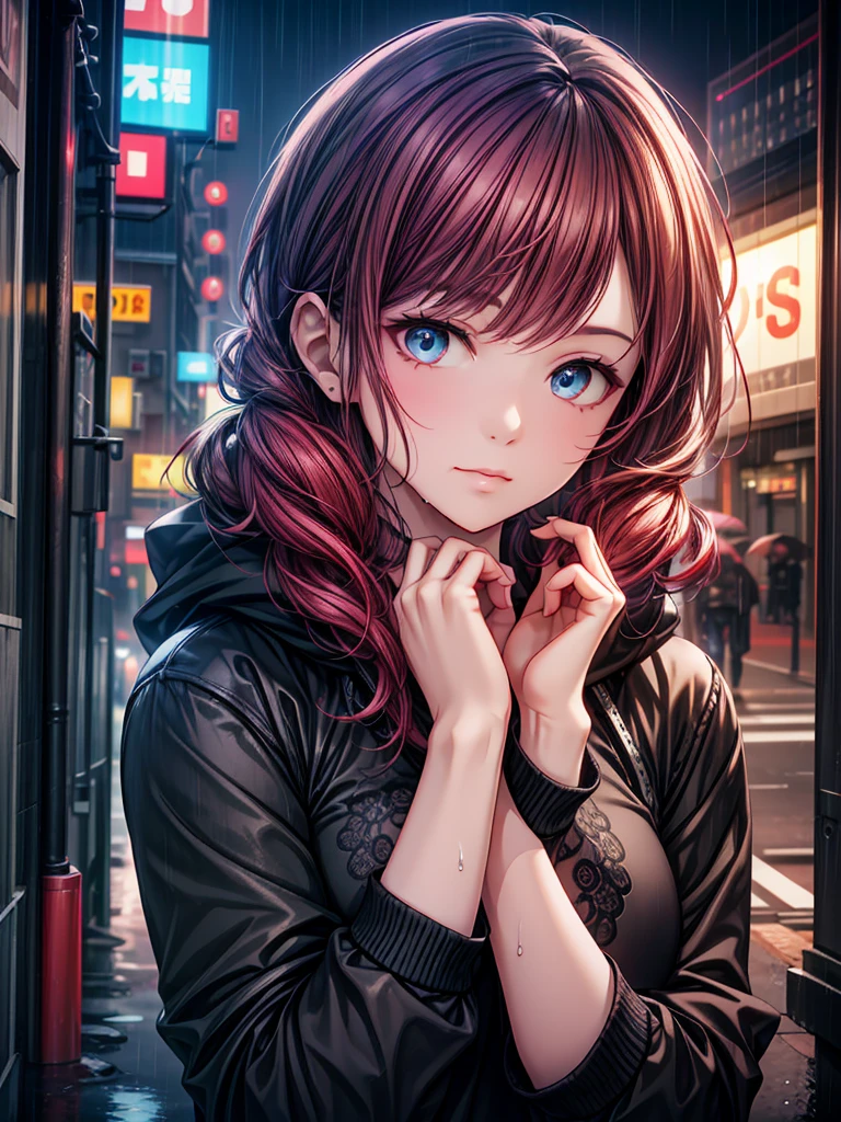 8k, RAW Photos, Highest quality, masterpiece:1.2),(Realistic, photo-Realistic:1.37),Tokyo Street,night, rain, Wet,Cityscape,night, Cyberpunk City,Soft Light,One person,, Very beautiful face,bust,Put your hands down,Random Hairstyles,Random hair color,Random representation,Pigsney