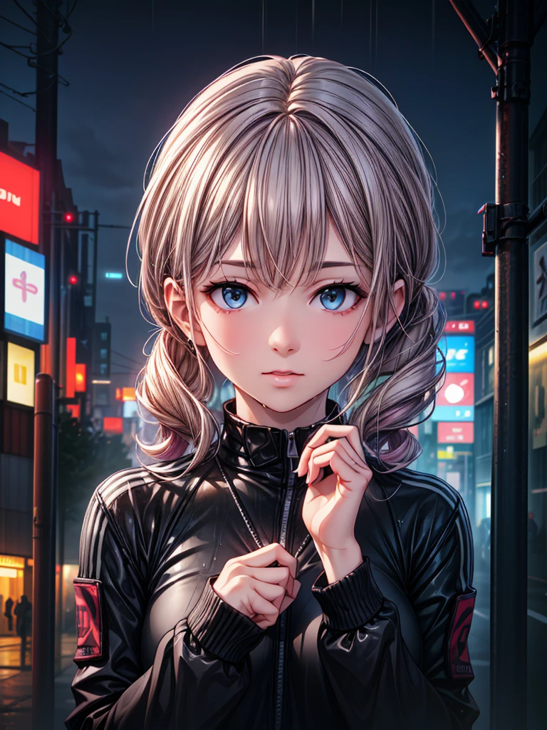 8k, RAW Photos, Highest quality, masterpiece:1.2),(Realistic, photo-Realistic:1.37),Tokyo Street,night, rain, Wet,Cityscape,night, Cyberpunk City,Soft Light,One person,, Very beautiful face,bust,Put your hands down,Random Hairstyles,Random hair color,Random representation,Pigsney