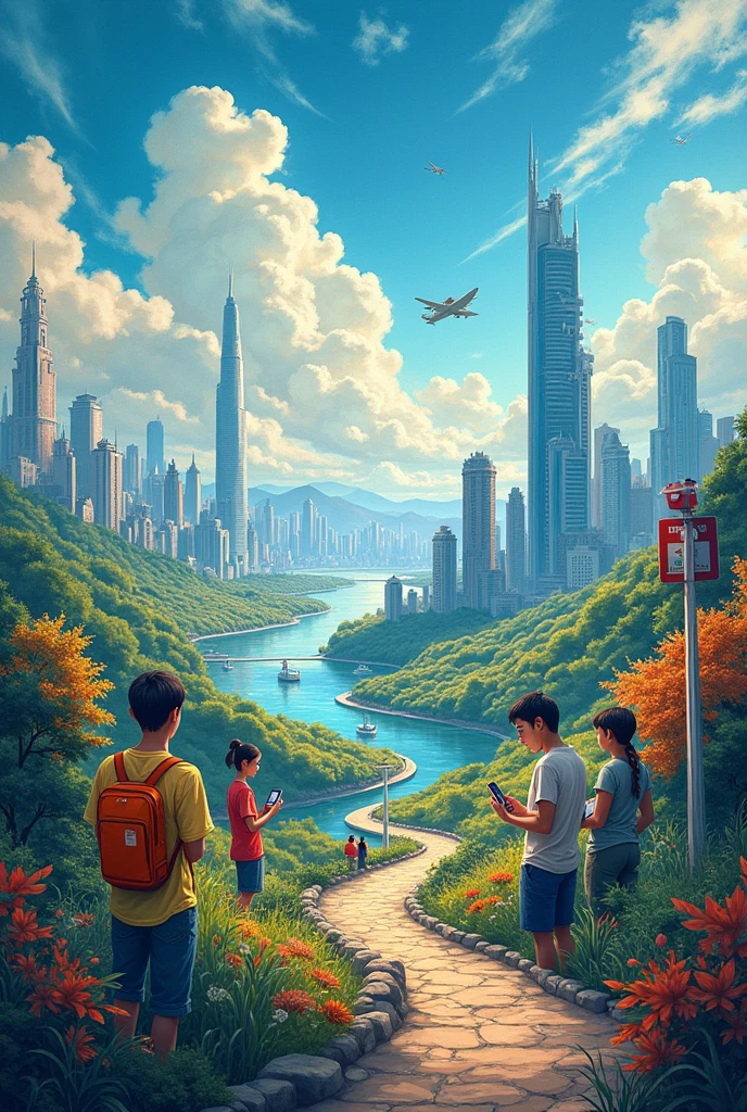 landscape not portrait style mural painting with a themed 𝙁𝙧𝙤𝙢 𝘾𝙡𝙞𝙘𝙠𝙨 𝙩𝙤 𝙋𝙧𝙤𝙜𝙧𝙚𝙨𝙨: 𝙔𝙤𝙪𝙩𝙝 𝘿𝙞𝙜𝙞𝙩𝙖𝙡 𝙋𝙖𝙩𝙝𝙬𝙖𝙮𝙨 𝙛𝙤𝙧 𝙎𝙪𝙨𝙩𝙖𝙞𝙣𝙖𝙗𝙡𝙚 𝘿𝙚𝙫𝙚𝙡𝙤𝙥𝙢𝙚𝙣𝙩.