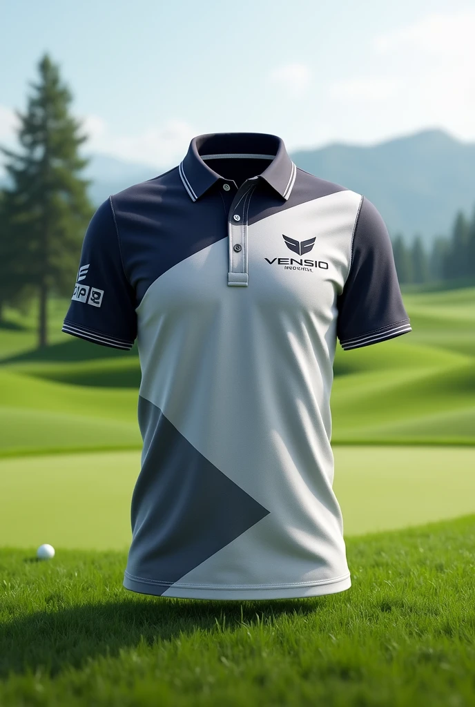 create sublimated golf polo shirt with VENSIO INDUSTRIES letters on it without wear with golf background