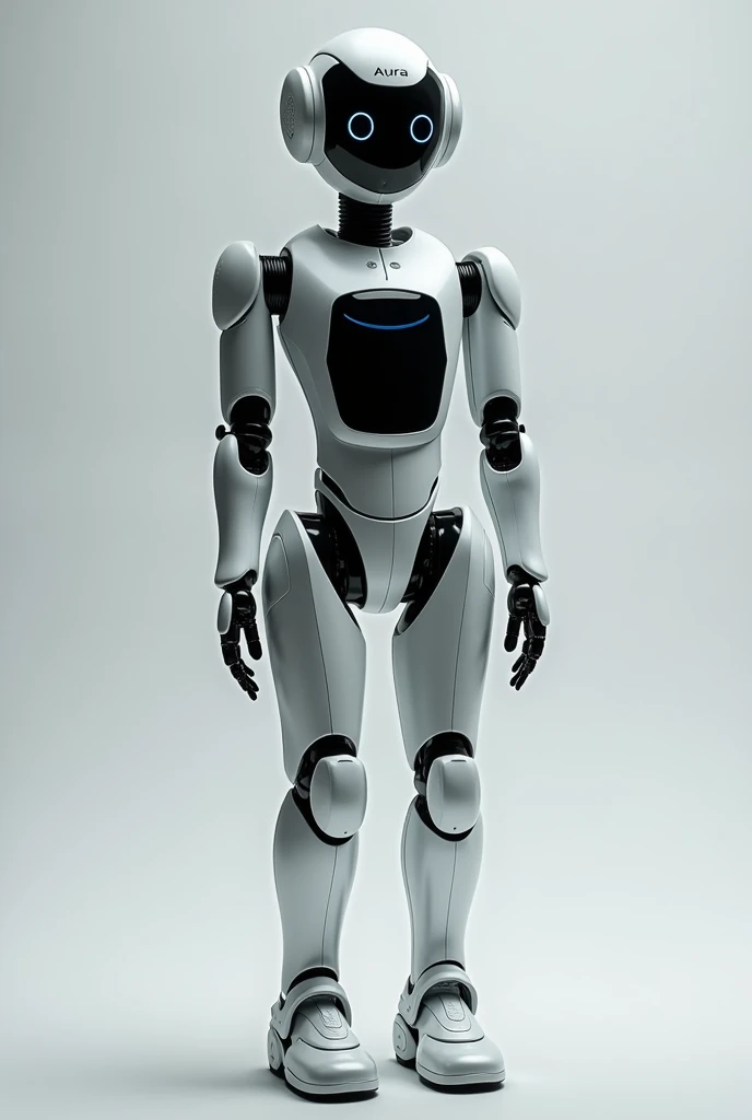 Head: AURA’s head features a smooth, oval shape with integrated LED eyes that can express a range of emotions and convey information. The face is equipped with a high-resolution screen capable of displaying dynamic facial expressions and visual feedback.
Body: The torso is crafted from lightweight, durable materials, with a matte silver finish that gives it a modern, polished look. It has built-in sensors and interactive panels for user input and environmental interaction.
Arms: The arms are multi-jointed and highly dexterous, designed for both precise and broad movements. They are equipped with soft-touch surfaces and can perform a variety of tasks, from delicate handling to robust manual work.
Legs: AURA’s legs are engineered for stability and mobility. They feature advanced actuators and gyroscopic stabilizers that allow for smooth, natural movement and a range of walking styles. The feet are equipped with adaptive grip technology to navigate diverse surfaces.
Overall: The design is modular, with seamless joints and a minimalistic style that integrates with various environments, whether in a home, office, or public space. The exterior is resistant to scratches and easy to clean, ensuring durability and maintaining a professional appearance.