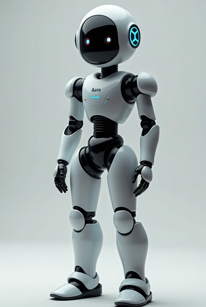 Head: AURA’s head features a smooth, oval shape with integrated LED eyes that can express a range of emotions and convey information. The face is equipped with a high-resolution screen capable of displaying dynamic facial expressions and visual feedback.
Body: The torso is crafted from lightweight, durable materials, with a matte silver finish that gives it a modern, polished look. It has built-in sensors and interactive panels for user input and environmental interaction.
Arms: The arms are multi-jointed and highly dexterous, designed for both precise and broad movements. They are equipped with soft-touch surfaces and can perform a variety of tasks, from delicate handling to robust manual work.
Legs: AURA’s legs are engineered for stability and mobility. They feature advanced actuators and gyroscopic stabilizers that allow for smooth, natural movement and a range of walking styles. The feet are equipped with adaptive grip technology to navigate diverse surfaces.
Overall: The design is modular, with seamless joints and a minimalistic style that integrates with various environments, whether in a home, office, or public space. The exterior is resistant to scratches and easy to clean, ensuring durability and maintaining a professional appearance.