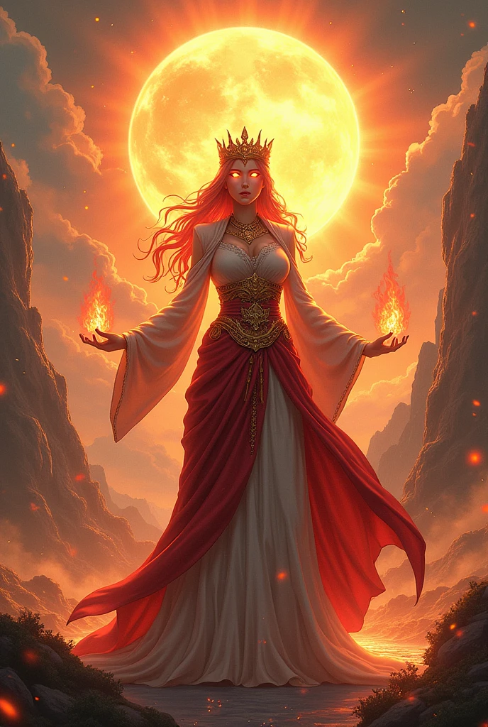 A queen with fire power anime and sun burn behind fantasy