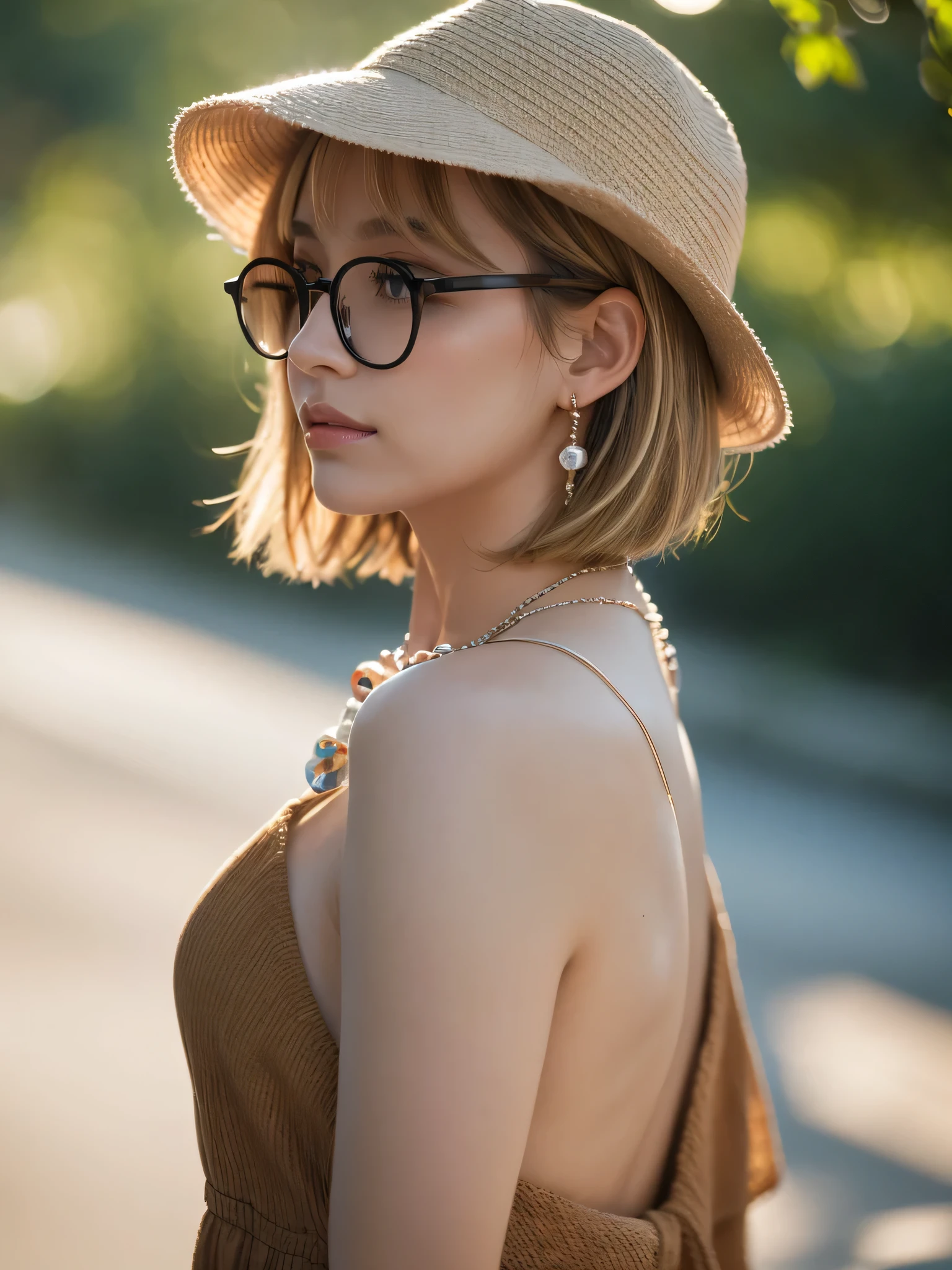 1girl,solo,short hair,blurry,lips,necklace,sunlight,soft blonde balayage hair,jewelry,from side,profile,depth of field,parted lips,outdoors,blurry background,brown eyes,bokeh,nose,bangs,glasses,hat,backlighting,upper body,