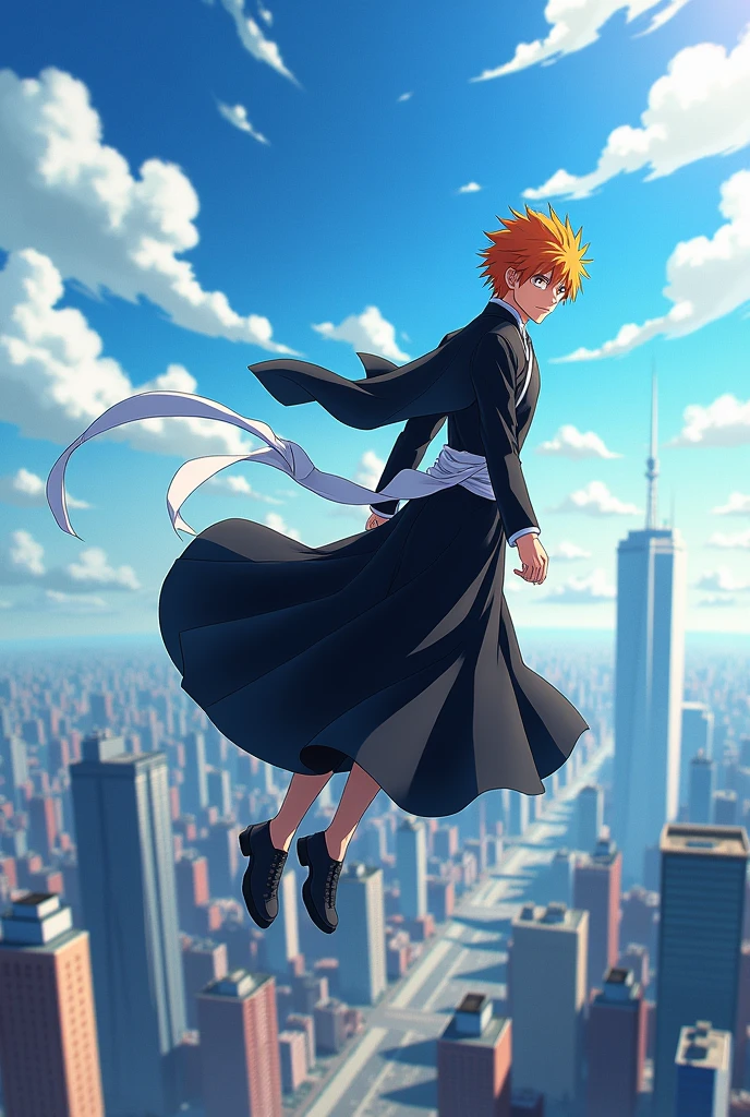 make Ichigo flying in the city during the day with a beautiful view, blue and bright sky make ichigo dressed as a Shinigami like during the THOUSAND YEAR BLOOD WAR ARC and is floating