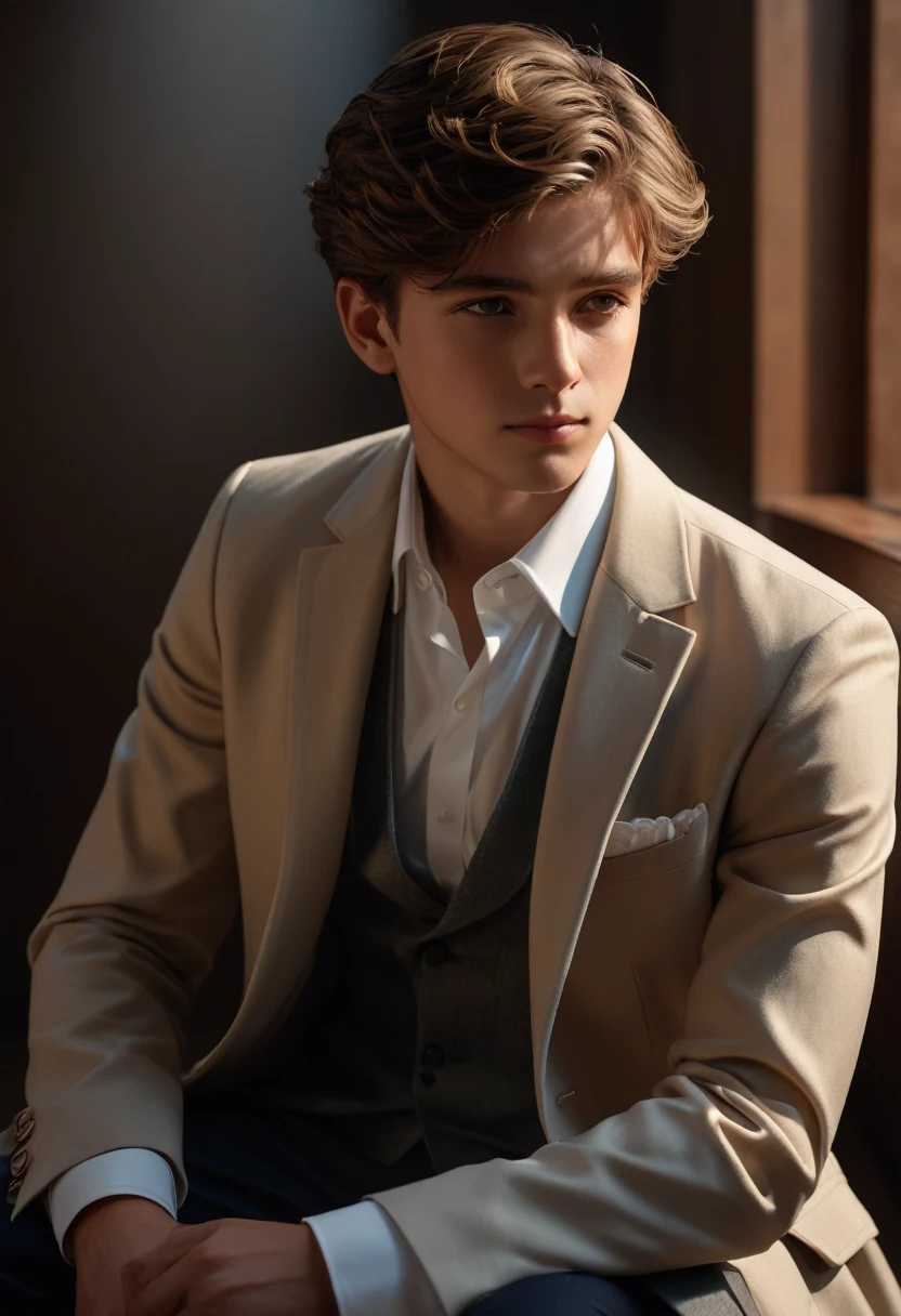 a young boy sitting alone, looking directly at the viewer, with a slight smile, wearing a formal coat, (best quality,4k,8k,highres,masterpiece:1.2),ultra-detailed,(realistic,photorealistic,photo-realistic:1.37),cinematic lighting,chiaroscuro lighting,elegant,formal,serious expression,contemplative,intricate details,striking pose,intricate clothing folds,dramatic lighting