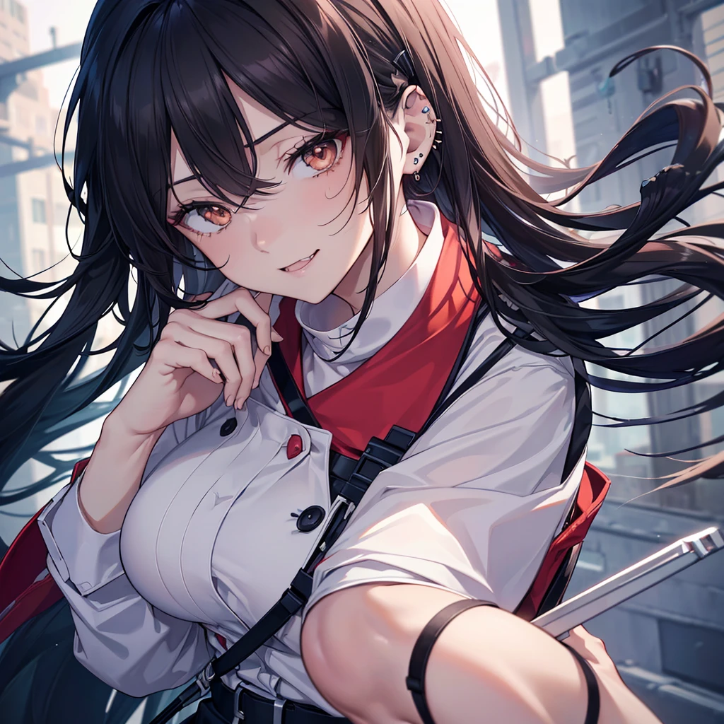 a nurse aide, with long dark hair, piercing gaze, and a stern expression, no cap, full body view, high resolution, detailed, anime-style illustration, beautiful black hair, almond-shaped eyes, brown eyes, looking down with an intense, psychotic demeanor, large breasts, no piercings, smile, Cute fangs(best quality,4k,8k,highres,masterpiece:1.2),ultra-detailed,(realistic,photorealistic,photo-realistic:1.37)