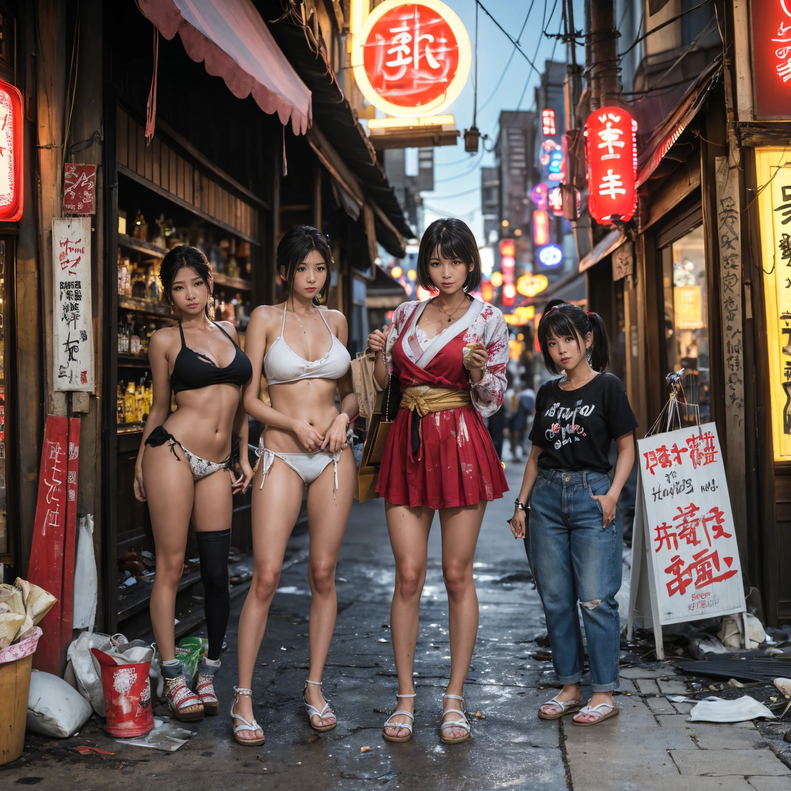((masterpiece、Highest quality))、Beautiful girls gather.、Three girls in summer clothes、(Showa Retro:1.2、Big beautiful eyes)、(Detailed and cute face:1.3)、(Poor conditions、Japan's poor neighborhoods、Dim and unsanitary、Standing Bar、みんなで楽しくdiet、Crumbling shopping mall:1.3)、屋台のdiet店、stage、sewage、Dirty shop、street vendors、Unsanitary and abandoned city、smile、diet、Poor person々