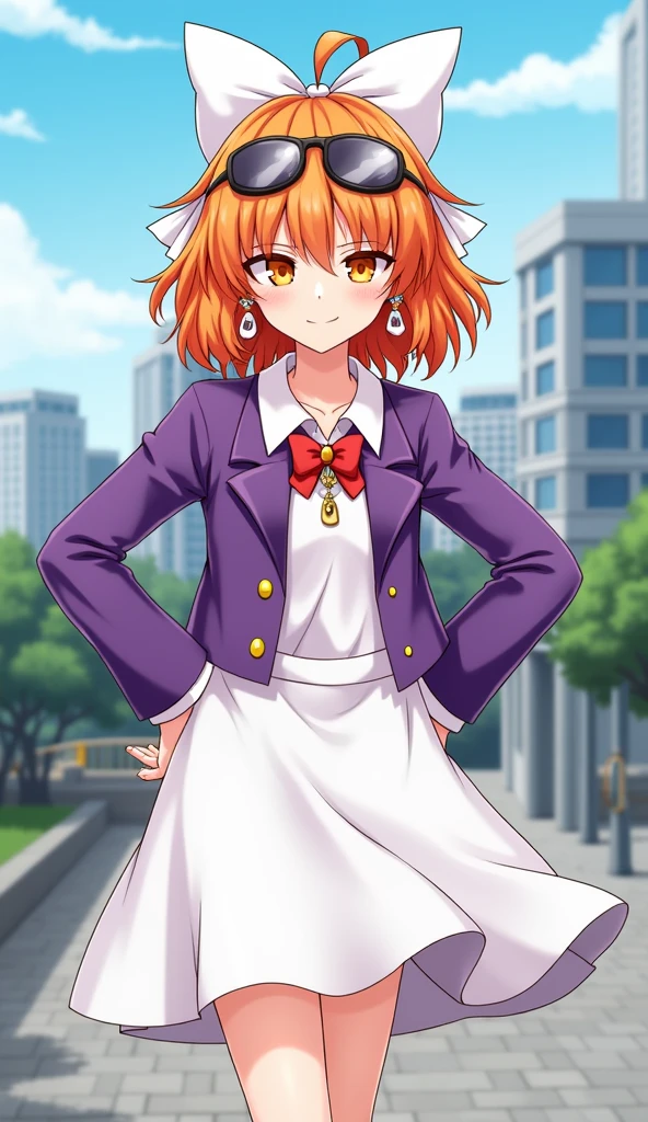 1girl, solo, yorigami jo'on, orange hair, drill hair, eyewear on head, orange eyes, jewelry, bow, white dress, purple jacket, pendant, earrings, hat, standing, hand on hip, looking at viewer, one eye closed, smirk, outdoors, city 