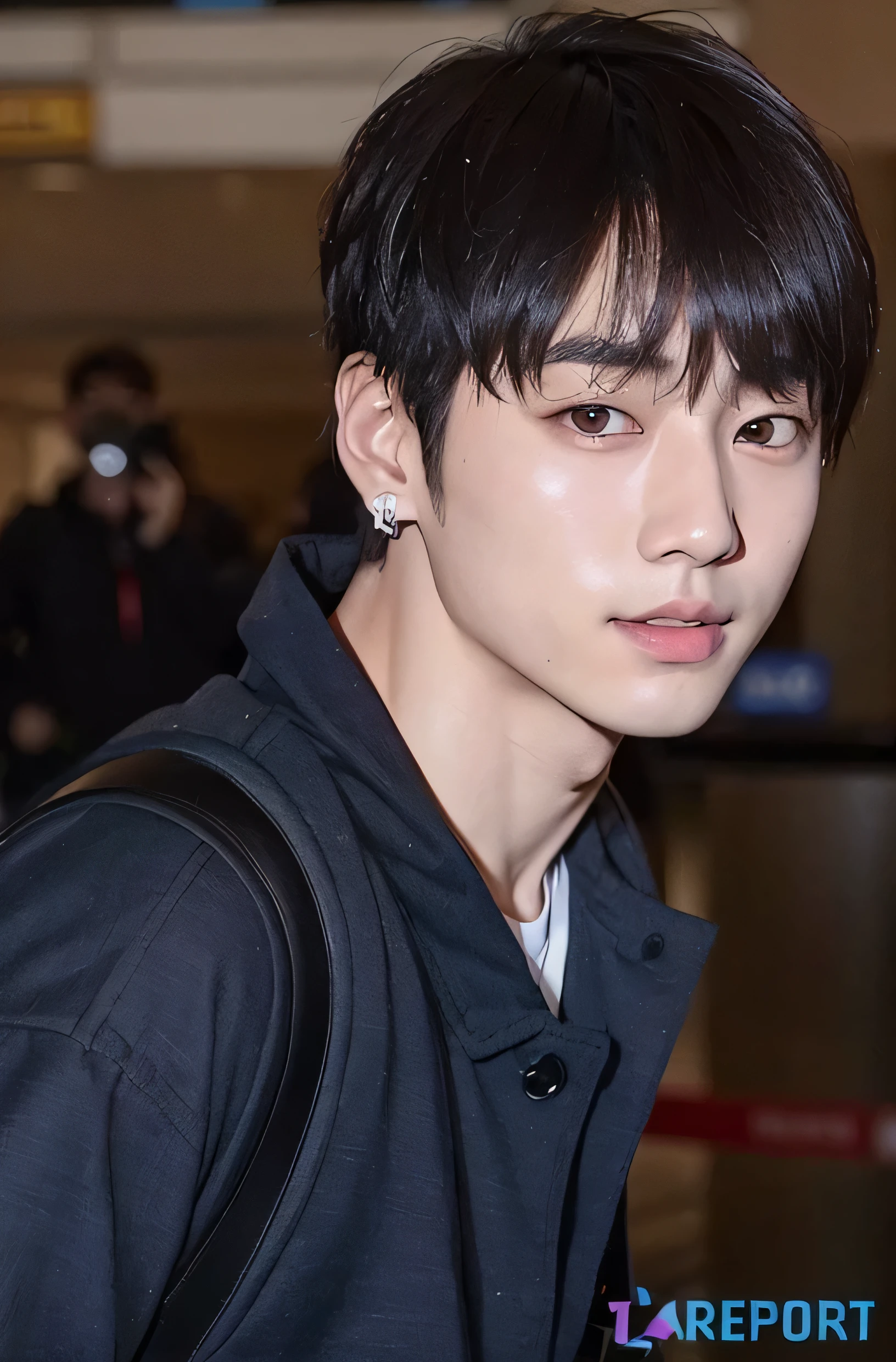 arafed asian man with a backpack and a backpack in an airport, jungkook, Hyung Tae, Jinyoung Shin, taken in the early 2020s, Kim Doyoung, Shin Jeongho, TaeJune Kim, Cai Xukun, pale korean adorable face, ironic smile, ten reads, numerous dimly glowing eyes, cute round slanted eyes