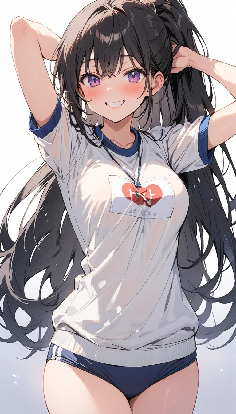 beauty ponytail Black Hair smile Embarrassing blush Joyful fine tits White gym clothes Navy blue high-cut Buruma pubic hair gym Photograph the whole body