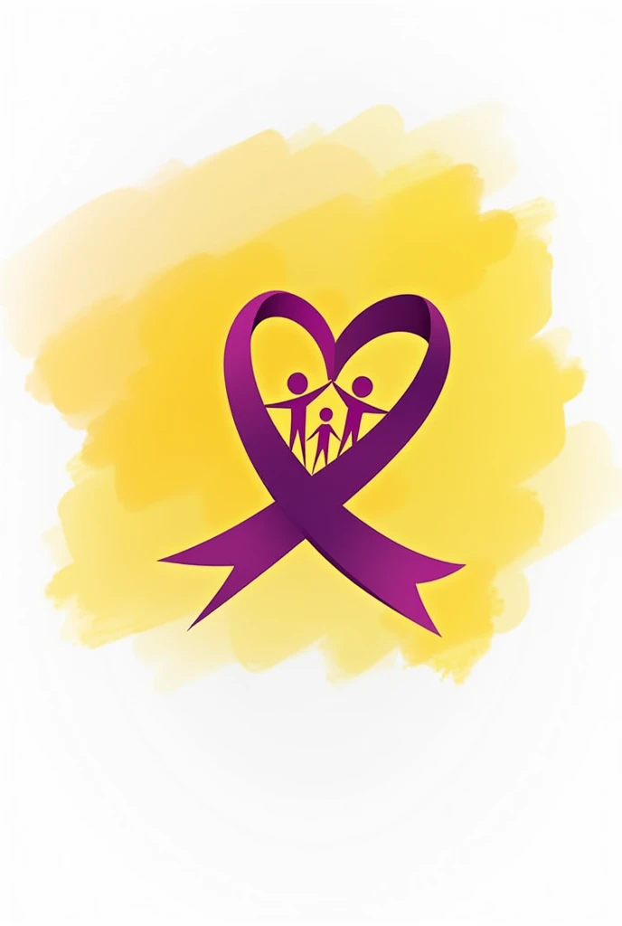 Draw a logo in purple and yellow cancer kids first bishkek Where the ribbon will be purple on a yellow background with an inscription and a heart will be made from the ribbon and three people who hold hands and in the corner of the heart the inscription and the city will be written