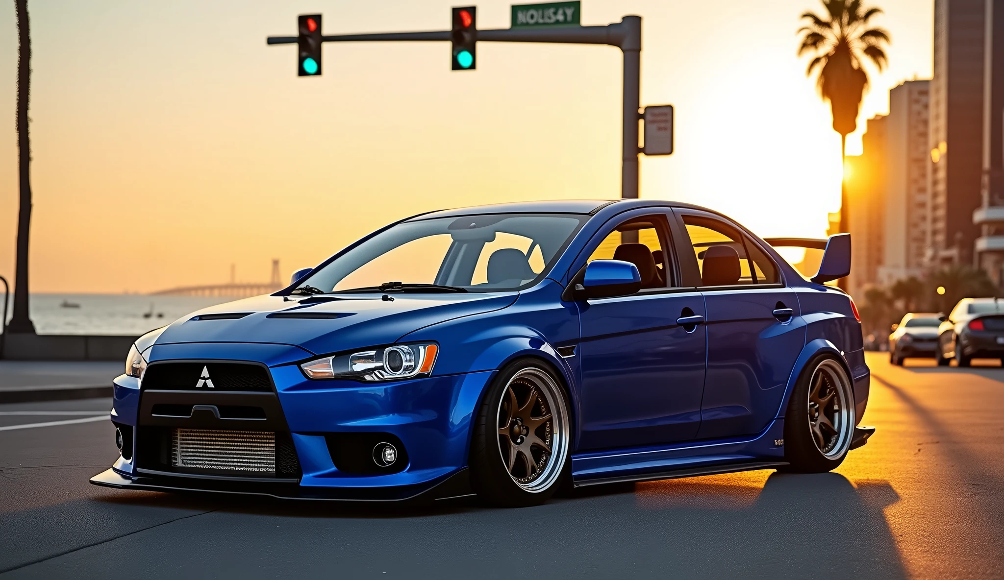 Envision a modified Mitsubishi Evolution with a low suspension stance, stop at street red light in Los Angeles. The car is painted in a bold, electric blue finish, with white accents and a unique, wing-style spoiler. The wheels are forged from lightweight alloys, with a unique, turbine-inspired design. The tires are high-performance, with a unique tread pattern that provides exceptional grip and handling. The background features the stunning Los Angeles sunset, with the ocean glistening in the distance and the Santa Monica Pier visible in the foreground realistic cinematic photography