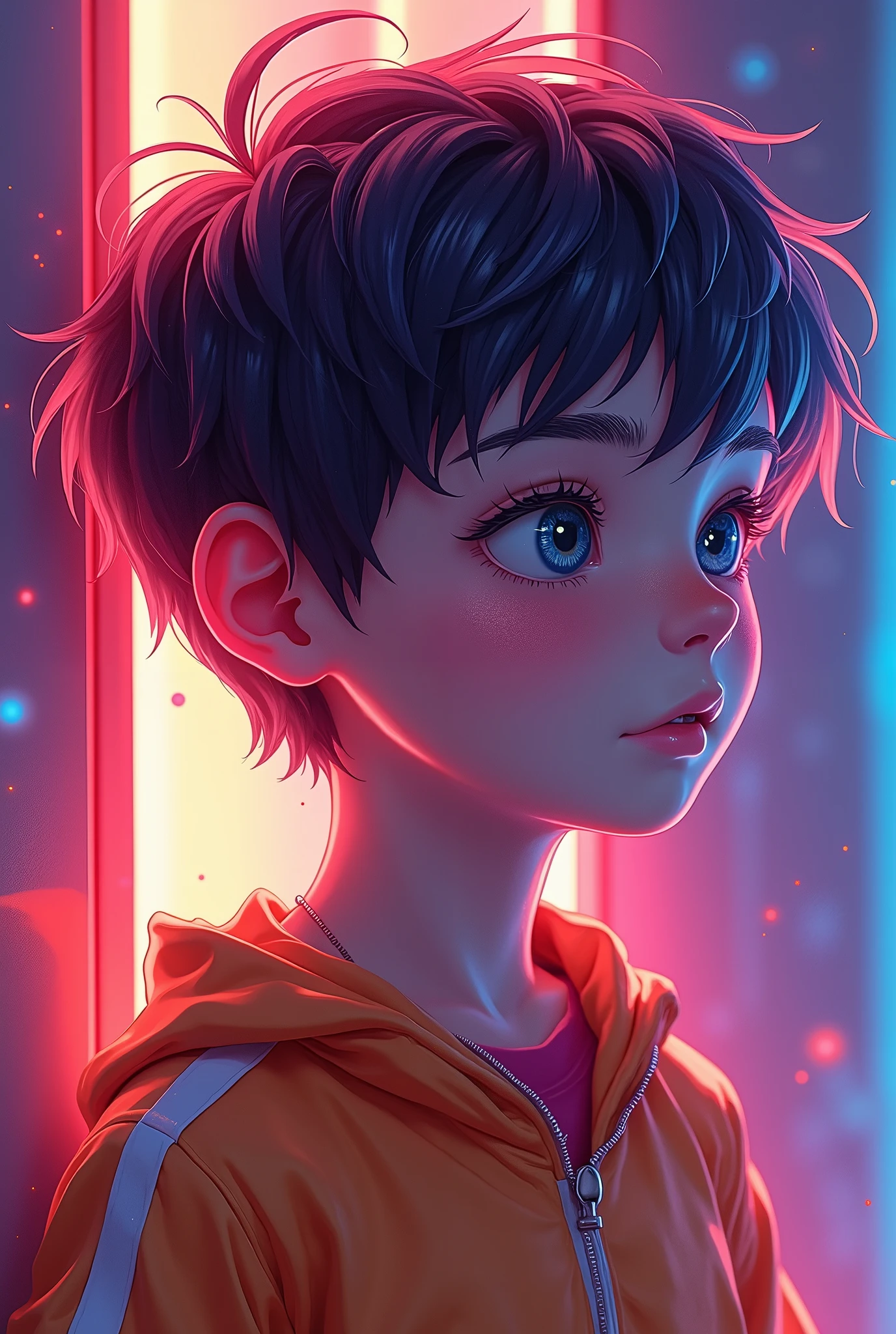 Fluorescent Color, 1 boy, Look to the side, Pretty Face, beautiful eyes, (Shoulder: 1.2), Upper Body, Shiny hair, Glowing skin, Dynamic Angle, (((Main Part))), (((Better quality))), ((Ultra Detailed)), (illustration), (Detail Light), ((Extremely exquisite and beautiful)), dramatic_shadow, Rays_track, reflection, Ultra-high resolution