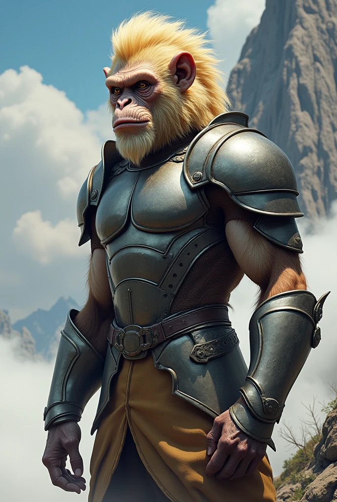 A handsome, stylish, cool monkey beastman, with blond hair slicked back, metal-plated armor, standing on a cloud, with a rocky mountain in the background