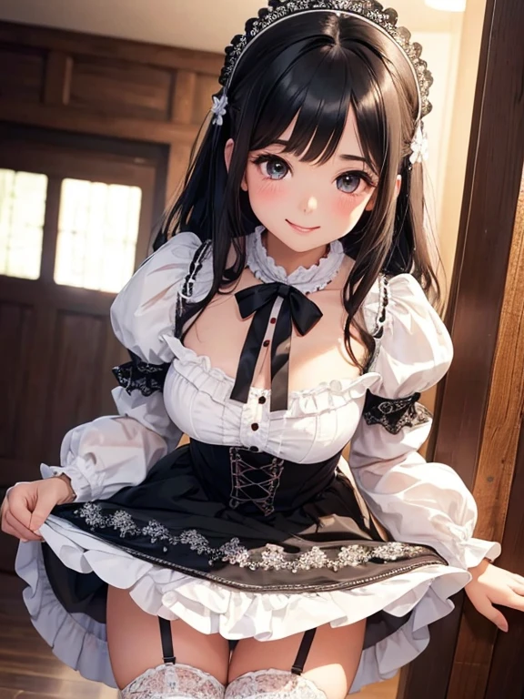 very cute and beautiful girl,(highly detailed beautiful face), (smile),blush, black hair, cowboy shot, looking at viewer, kneeling, Lolita dress with detailed frills),detailed lace, skirt lift, white panties, indoors, (best quality,masterpiece:1.0)ultra-detailed, extremely detailed,32k,8k resolution, intricate details,