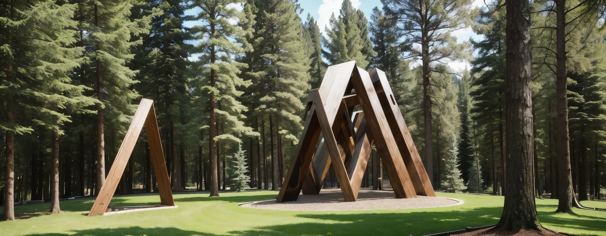 ((best qualityer)), ((work of art)), (detailded), In the middle of nature among the trees, there is a sculpture made of rusty metal, an object with bold, geometric shapes, modern sculpture and sculpture!! 

