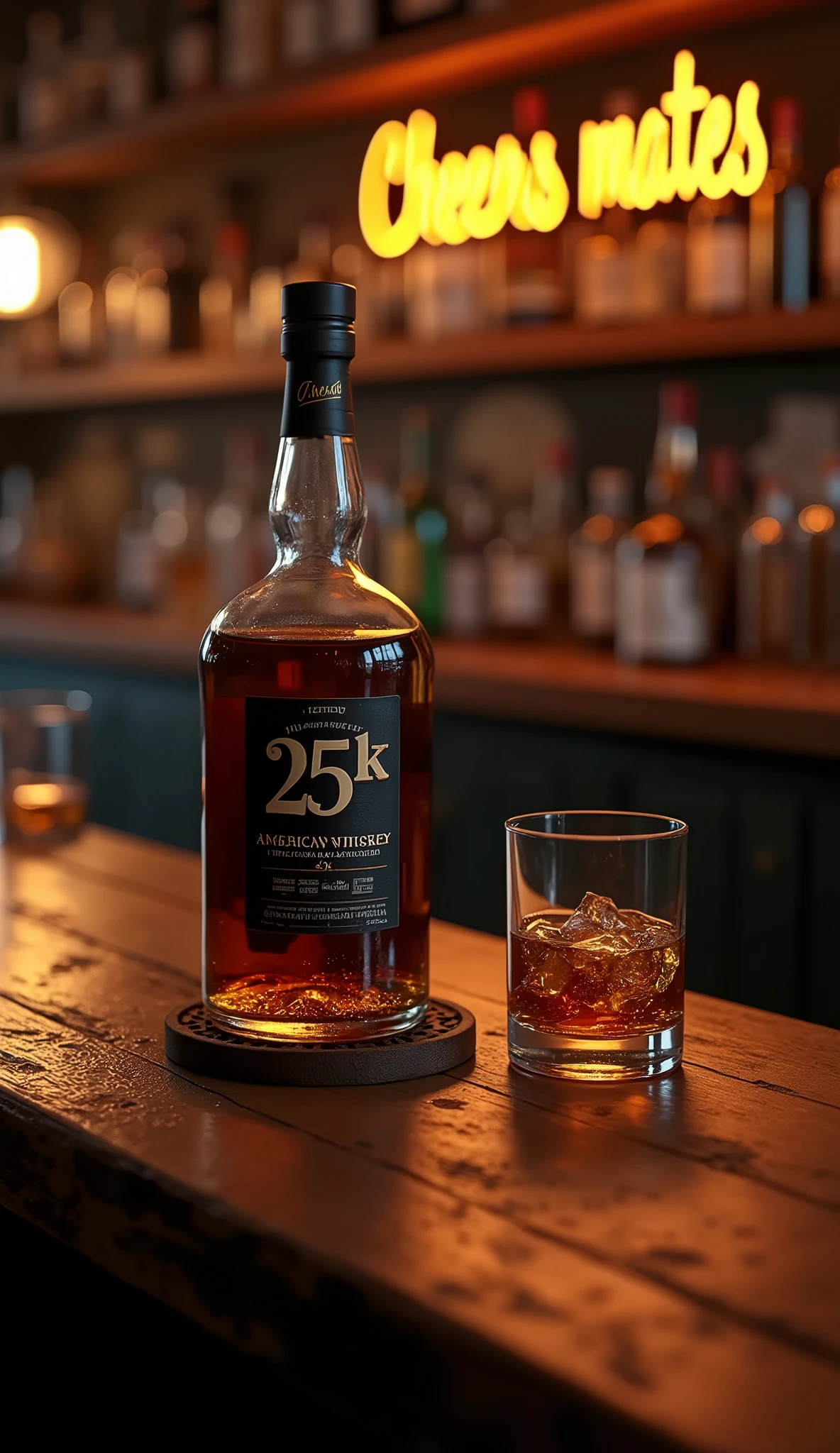 A dimly lit bar scene: a worn wooden counter stretches across the room, polished to a warm sheen by countless conversations and clinking glasses. The open bottle of American whiskey sits proudly on a coaster, its black label bearing the bold text "25K", Two glasses, chilled with ice, flank the bottle, awaiting their turn to hold a golden pour. The air is thick with the promise of good times and late nights.at the top of the picture is 3D golden text that says " Cheers mates Thank you!"