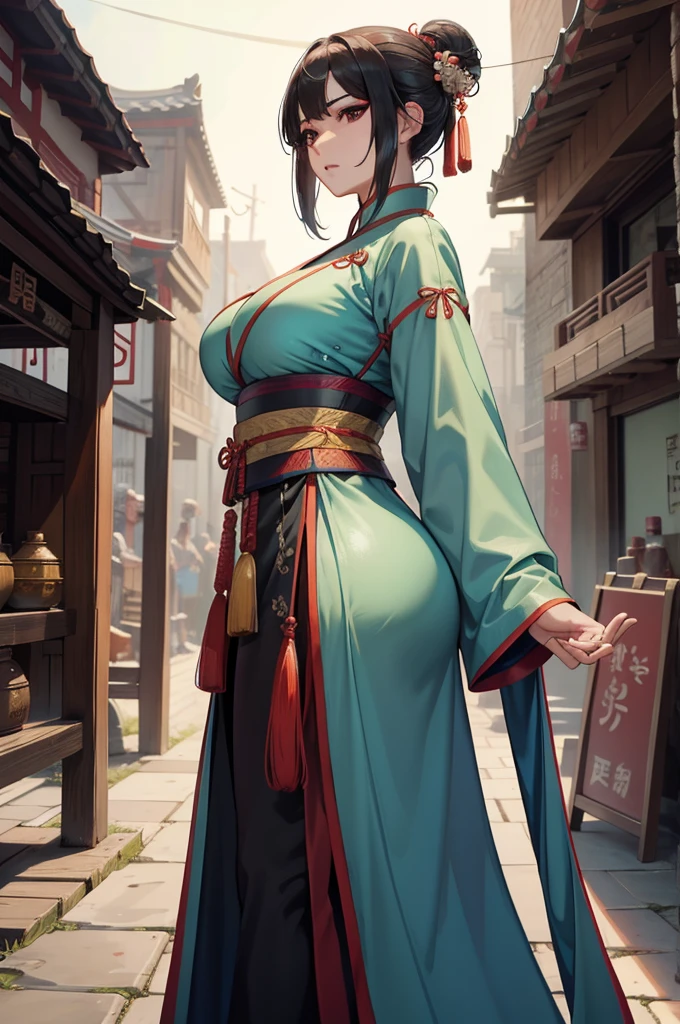 A 40-year-old Chinese ancient beauty wearing Hanfu 8K with big breasts and big buttocks standing with ropes tied to her hands and a patient expression in the execution ground cartoon