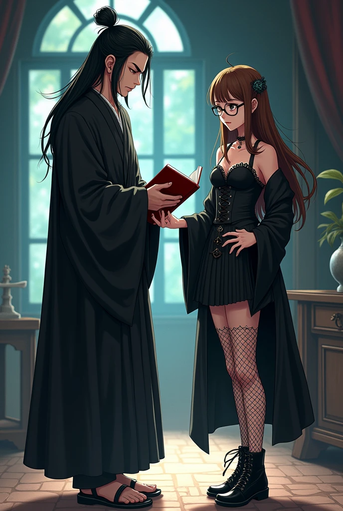Caucasian female, older, アニメ, long hair with bangs and brown, eyes black, round eyeglasses, espartilho preto, black skirt and black coat, wearing black boots and fishnet stockings, holding magic book teaching to a tall man, Older, white oriental long black hair, with bun hairstyle, eyes black orientais, wearing a Japanese kimono and sandals with socks, アニメ, 4K