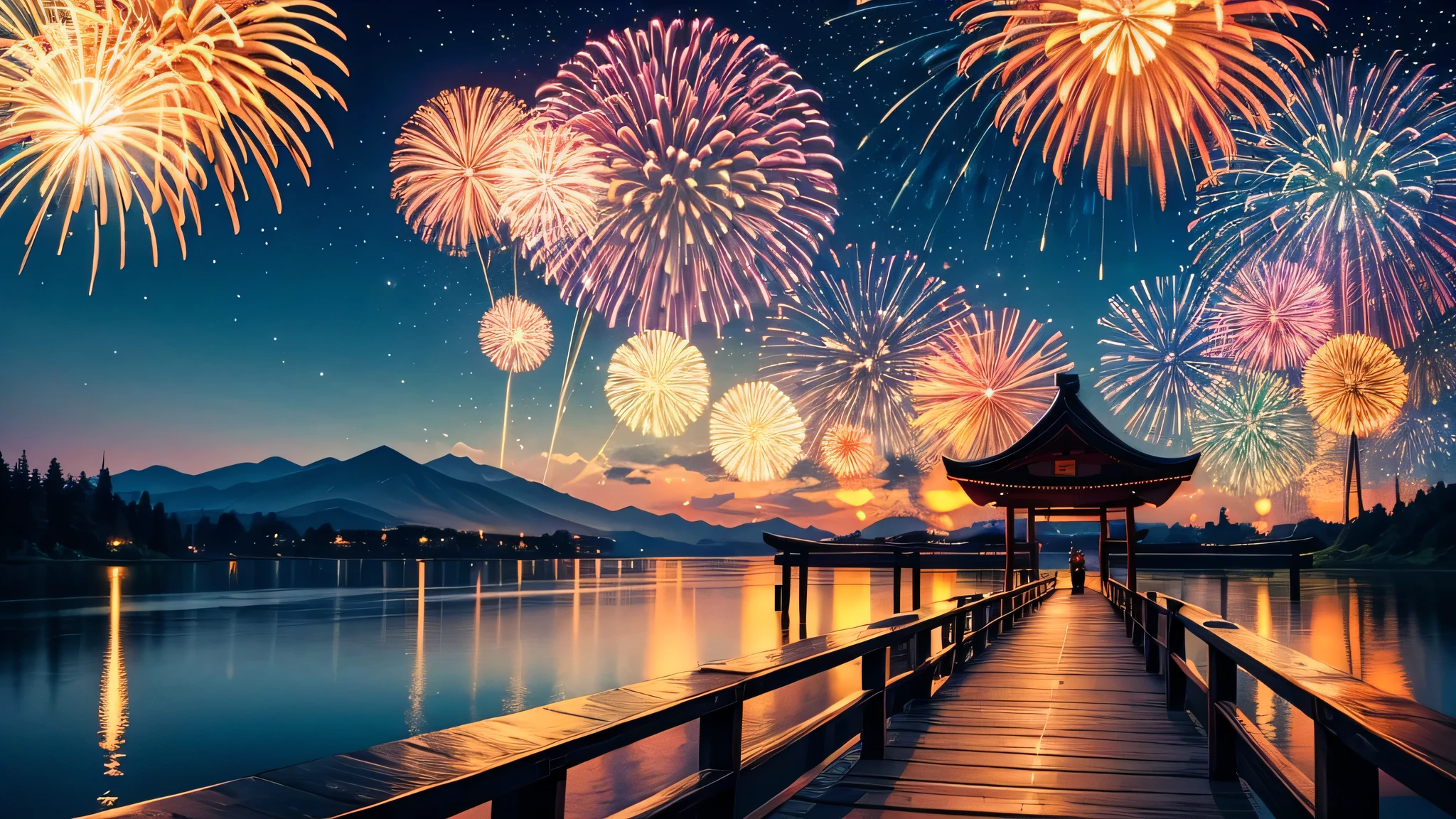 night view, by the lake, from the wooden bridge, you can see the Japanese summer festival from afar, there are fireworks in the sky, the sky is full of beautiful fireworks