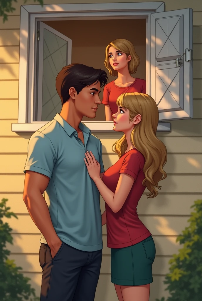 A handsome young boy of twenty age wearing a light blue polo tshirt and black jeans standing below a window outside a home. He is looking up at the window. He has dark brown hair and brown eyes. The window is high up on the second story. The window is open and a twenty years old fair complexion girl with blond hair and hazel eyes is looking out of the window. She is wearing a red tshirt and green skirt.