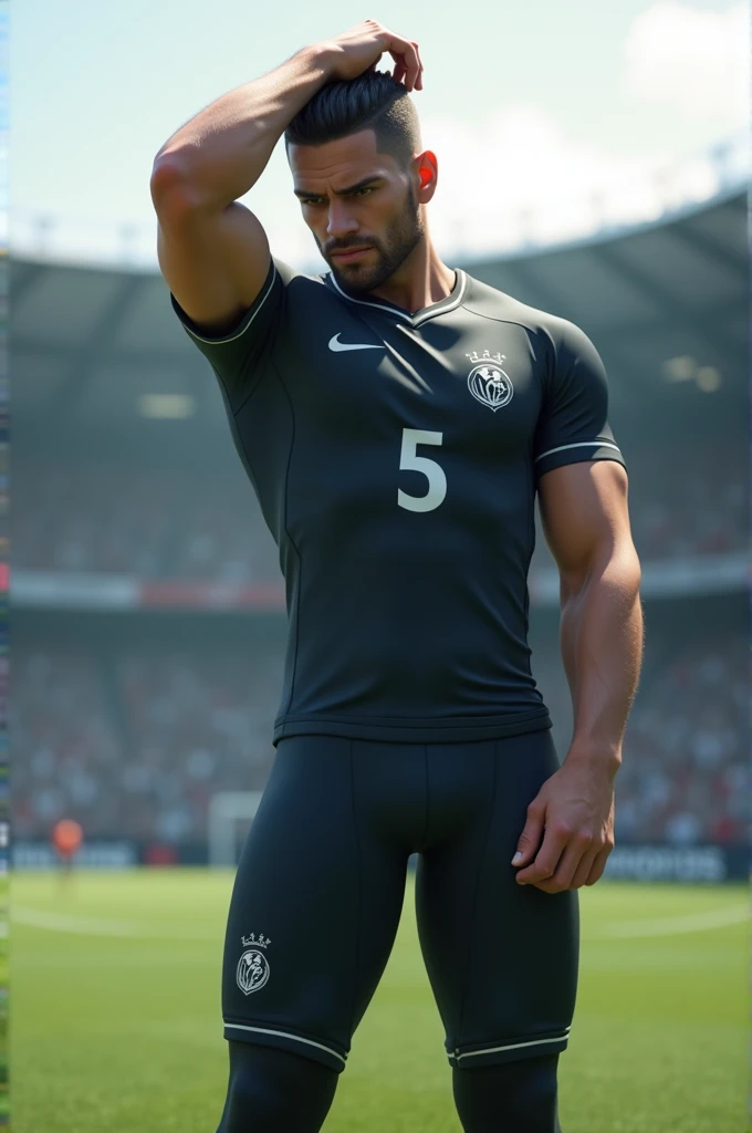 Player standing touching his head wearing sports tights with the number 5 on the shirt