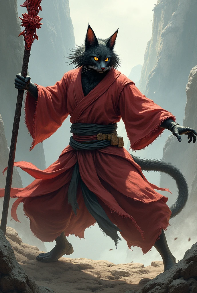 DnD Character, Khajiit, 180cm tall, 80kg weight, athletic body, short black hair, golden fur, pointy ears, little monk snout, similar to wukong, fight with a red and black stick