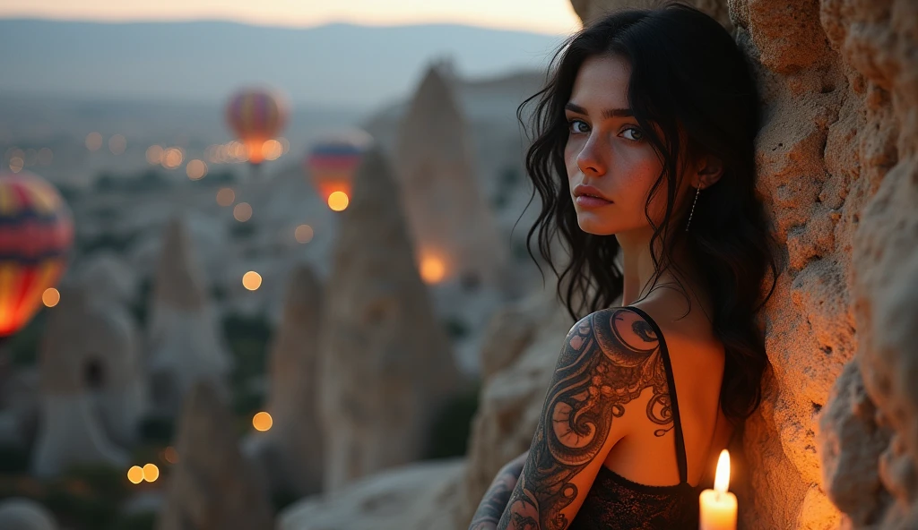 tatuados,Very beautiful big breasts、Leaning against a wall、sit(Dark Suit)(H-Cup Bust),(Back tattoo、Many tattoos on both arms and neck)、 (Cappadocia(Türkiye) - A fantastical landscape of strange rock formations and hot air balloons),Candlelight only,Very detailed, 21 years old, A beautiful woman,Depressed face, Black Hair,Medium Wavy Hair, blue eyes, High resolution, masterpiece, Highest quality, Intricate details, Very detailed, Clear focus, Delicate skin, practical skin texture, texture, Delicate eyes, Professional, 8k, Sad face,despair、 Shot with Canon, 85mm, Shallow and deep, Kodak Vision Color, Exactly, Very detailed, photograph_\(Extremist\), photographpractical, practical, Post-processing, Maximum details, Roughness, Real Life, Extremist practical, Photorealism, photographgraphy, 8k ウルトラ HD, photographgraphy