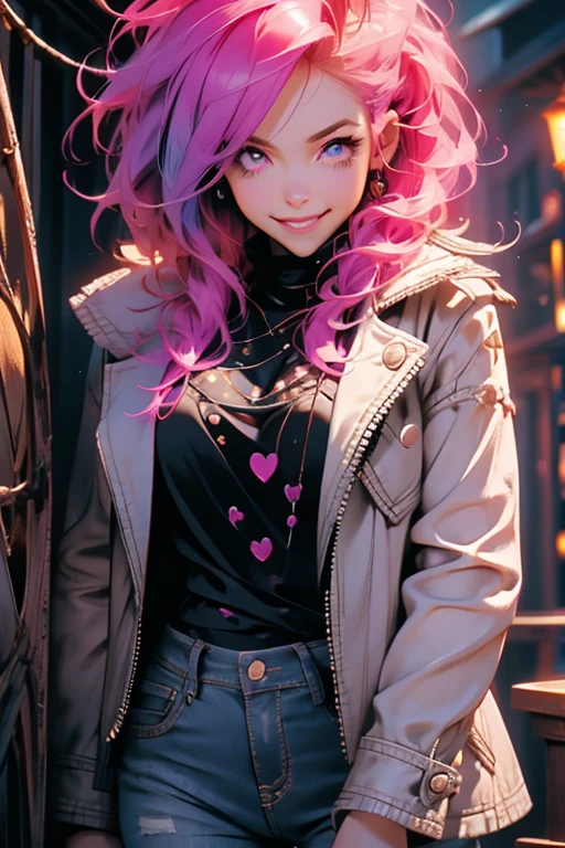 Perfect face. Perfect hands. A pink haired woman with violet eyes and an hourglass figure in a leather jacket and jeans is smiling while exploring a haunted house.