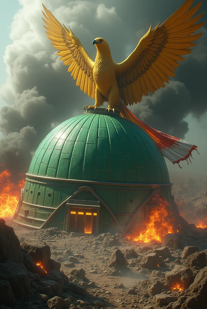 A dark gold colored Garuda bird carrying a red and white cloth is destroying a large green dome-shaped building which is often considered to resemble a green shell with a partially destroyed roof and surrounded by black smoke and fire.