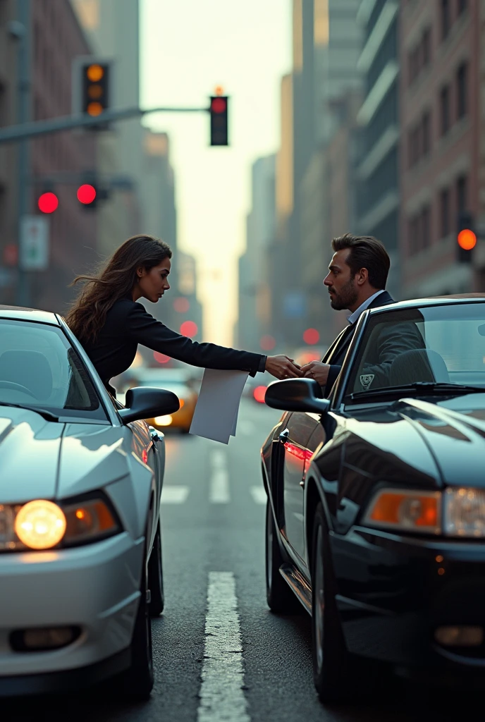 A black car next to a white car stopped at a traffic light. The white car has a woman handing a paper to the man in the black car, they are both inside the car.