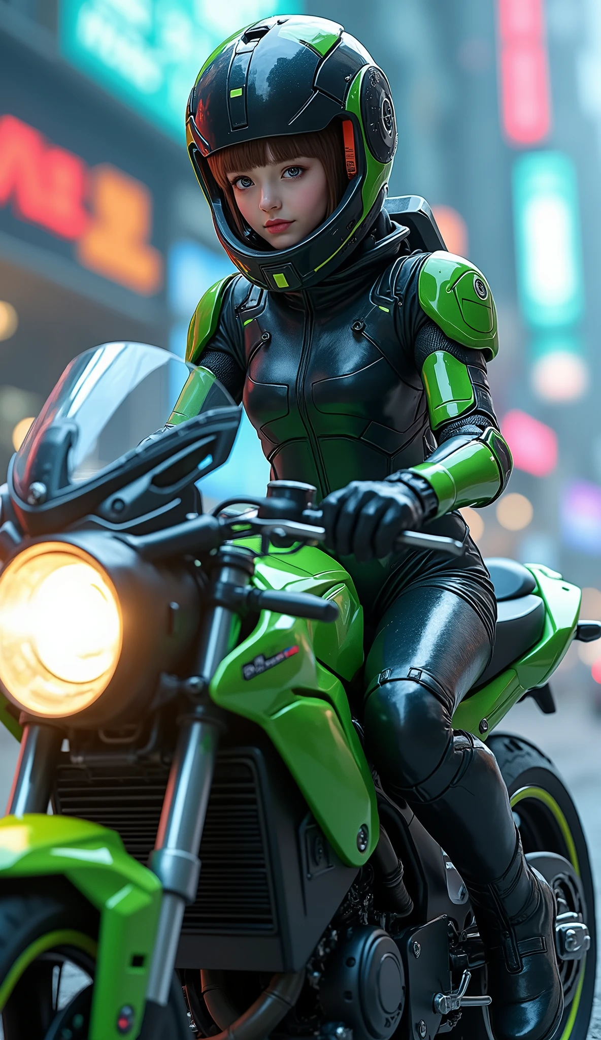 Highest image quality, outstanding details, ultra-high resolution, (realism: 1.4), the best illustration, favor details, highly condensed 1girl, with a delicate and beautiful face, dressed in a black and green mecha, wearing a mecha helmet, holding a directional controller, riding on a motorcycle, the background is a high-tech lighting scene of the future city.
