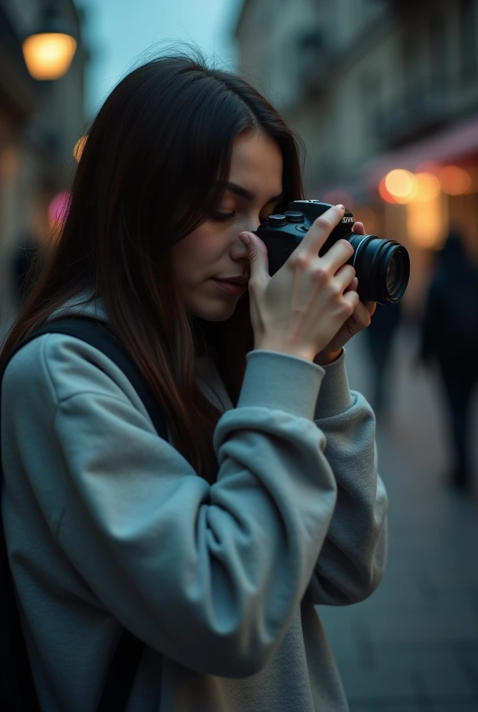25 Year Old Woman, corp parfait, dressed in sweatshirt, entrain de prendre une photo, rather low brightness