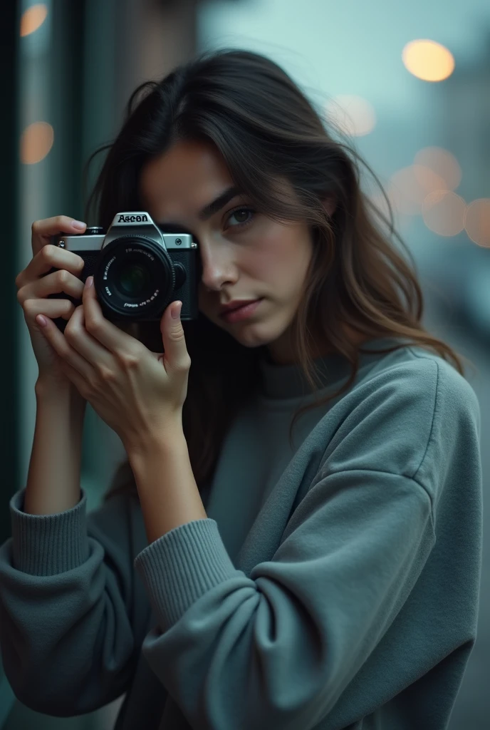 25 Year Old Woman, corp parfait, dressed in sweatshirt, entrain de prendre une photo, rather low brightness