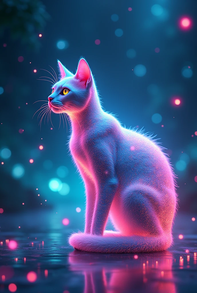 Fluorescent Color, 1 cat, Look to the side, Glowing skin, Dynamic Angle, (((Main Part))), (((Better quality))), ((Ultra Detailed)) (Detail Light), ((Extremely exquisite and beautiful)), Rays_track, reflection, Ultra-high resolution