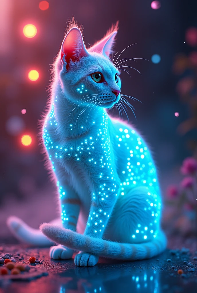 Fluorescent Color, 1 cat, Look to the side, Glowing skin, Dynamic Angle, (((Main Part))), (((Better quality))), ((Ultra Detailed)) (Detail Light), ((Extremely exquisite and beautiful)), Rays_track, reflection, Ultra-high resolution