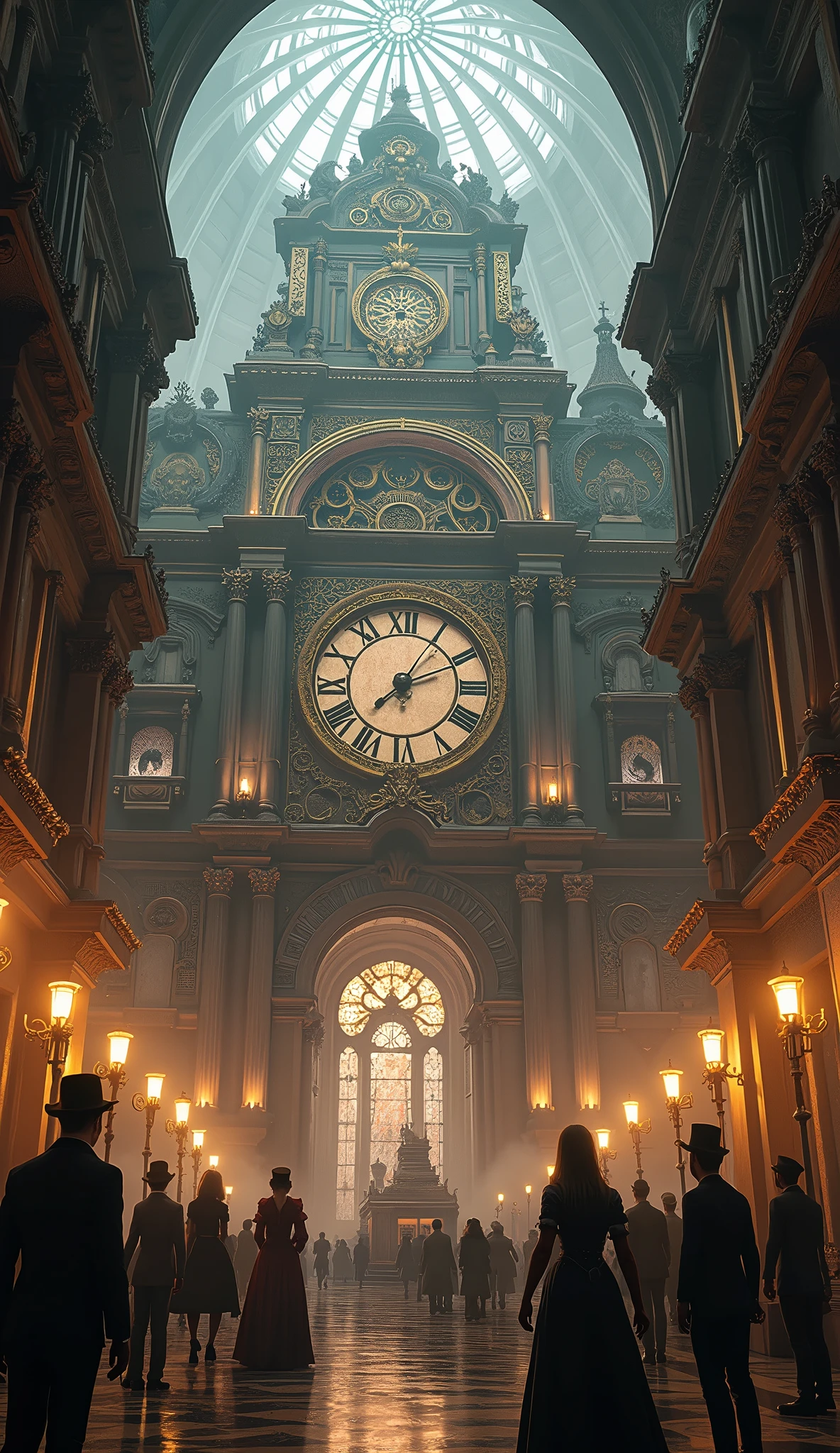(extremely detailed and realistic CG, masterpiece, best quality, ultra-detailed), steampunk, Sao Paulo Metropolitan Cathedral, (best illumination, best shadow, an extremely delicate and beautiful), dynamic angle, cinematic atmosphere, ornate metalwork, gears, clockwork, smoke, steam, period costume, vibrant colors.