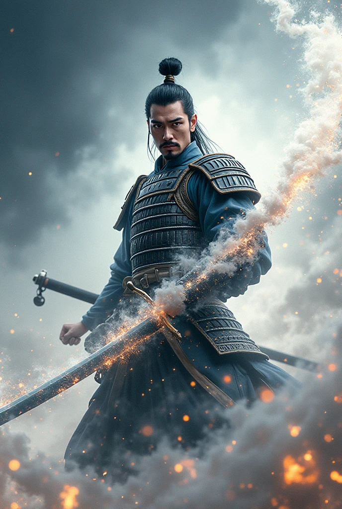 masterpiece、high resolution、high resolution、Detailed Description、beautiful、art、One Samurai、Samurai surrounded by White flames、Beautiful armor、Wearing a White aura、Samurai brandishing a sword、Sharp-eyed Samurai、A glare at me、The sword is engulfed in White flames、battlefield、White Tiger Aura、seven mansions (Chinese constellations) of the western heavens on background、A tense scene、Ink Painting、Movie poster motif、Inspired by The Last Samurai、4K Graphics、