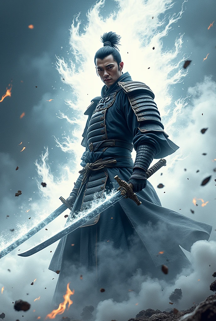 masterpiece、high resolution、high resolution、Detailed Description、beautiful、art、One Samurai、Samurai surrounded by White flames、Beautiful armor、Wearing a White aura、Samurai brandishing a sword、Sharp-eyed Samurai、A glare at me、The sword is engulfed in White flames、battlefield、White Tiger Aura、seven mansions (Chinese constellations) of the western heavens on background、A tense scene、Ink Painting、Movie poster motif、Inspired by The Last Samurai、4K Graphics、