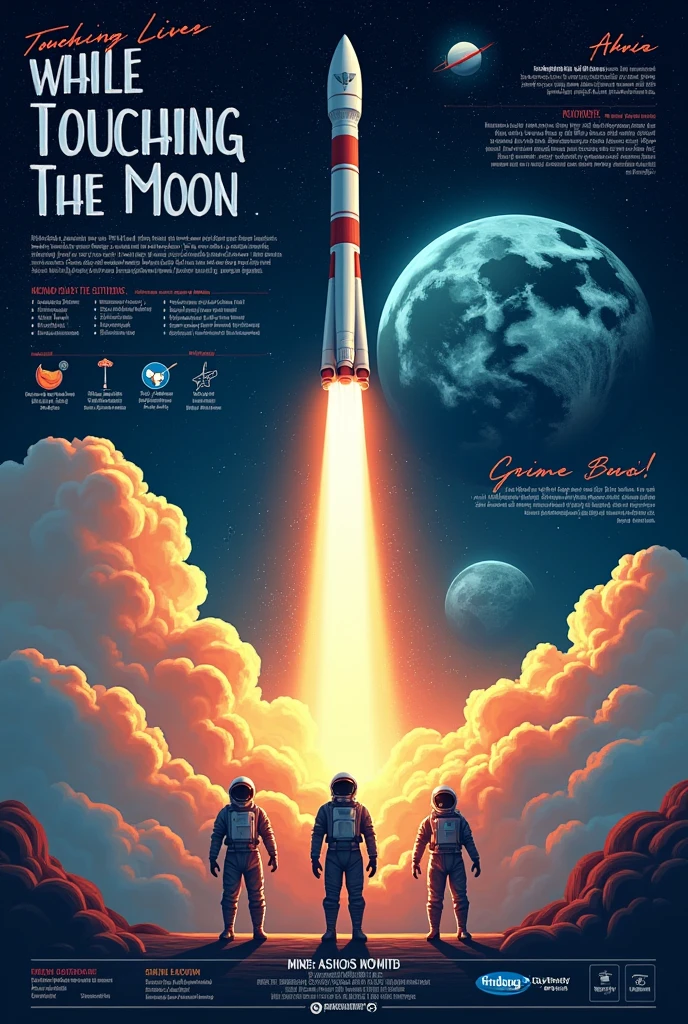 Title: Touching Lives While Touching the Moon: India’s Space Saga

Subtitle: Celebrating the Achievements and Aspirations of ISRO

Visual Elements:

Background: A starry night sky with a prominent image of the moon.
Central Image: An illustration or photograph of an ISRO rocket launching.
Additional Images:
Astronauts in space suits.
Satellite images of Earth.
Key ISRO missions like Chandrayaan and Mangalyaan.
Text Elements:

Introduction:
“Join us in celebrating the incredible journey of the Indian Space Research Organisation (ISRO).”
“From launching satellites to exploring the moon and Mars, ISRO has been a beacon of innovation and inspiration.”
Key Achievements:
“Chandrayaan Missions: Unveiling the mysteries of the moon.”
“Mangalyaan: India’s first interplanetary mission to Mars.”
“Gaganyaan: Preparing for human spaceflight.”
Impact on Society:
“Empowering education and communication through satellite technology.”
“Advancing scientific research and environmental monitoring.”
“Inspiring the next generation of scientists and engineers.”
Call to Action:
“Discover more about ISRO’s missions and how they are touching lives while touching the moon.”
“Visit [website/link] for more information and upcoming events.”
Design Tips:

Use bold and vibrant colors to capture attention.
Ensure the text is clear and readable.
Balance images and text to create an engaging and informative poster.
Feel free to customize this prompt to better suit your needs! If you need any specific design elements or further details, let me know.