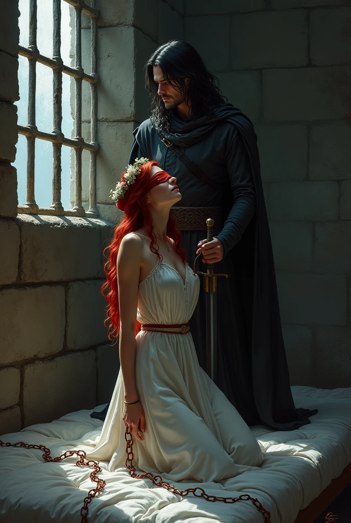 Cadre : un cachot sombre avec des barreaux a une fenetre.
Fille: Elle a les cheveux long rouges et ondulés avec une couronne de fleurs elle est a genoux sur un matelas au sol effrayé avec une chaine qui est autour de sa cheville avec un cadena et les yeux bandees avec un bandeau en soie rouge pour pas qu elle s enfuie elle a une robe blanche
Homme : il a les cheveux noir et long il caresse les cheveux de la jeune femme d un air rassurant mais ferme.il avait du desir pour elle il est Italien . Il etait habillée comme un seigneur du Moyen Age et dans sa ceinture il a une épée