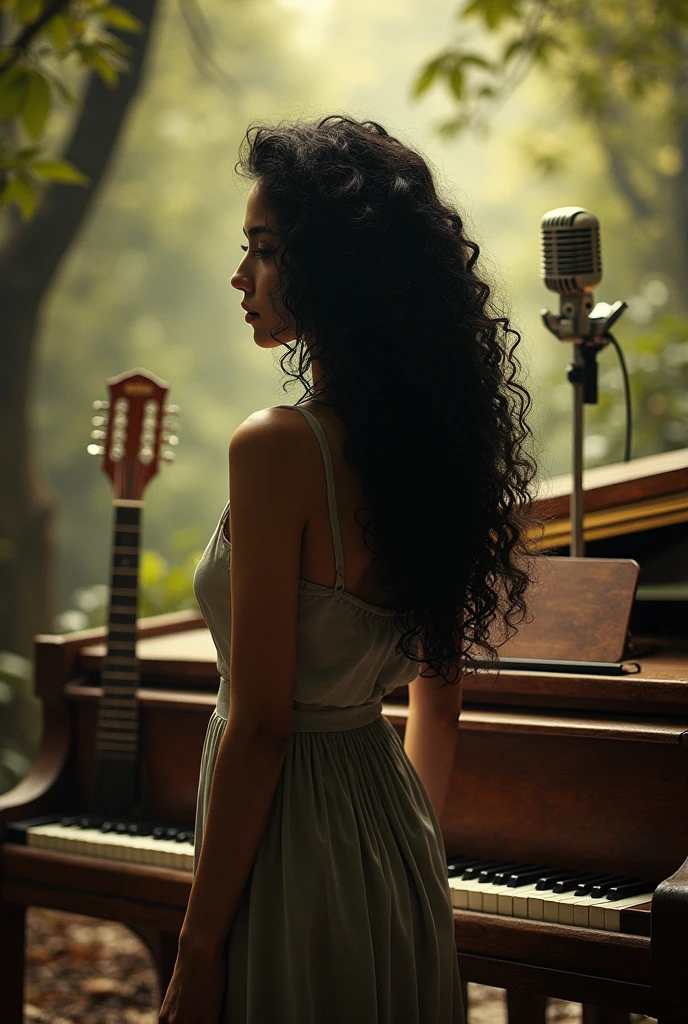 Profile picture for instagram about music piano guitar microphone vintage nature curly woman long black hair from back
